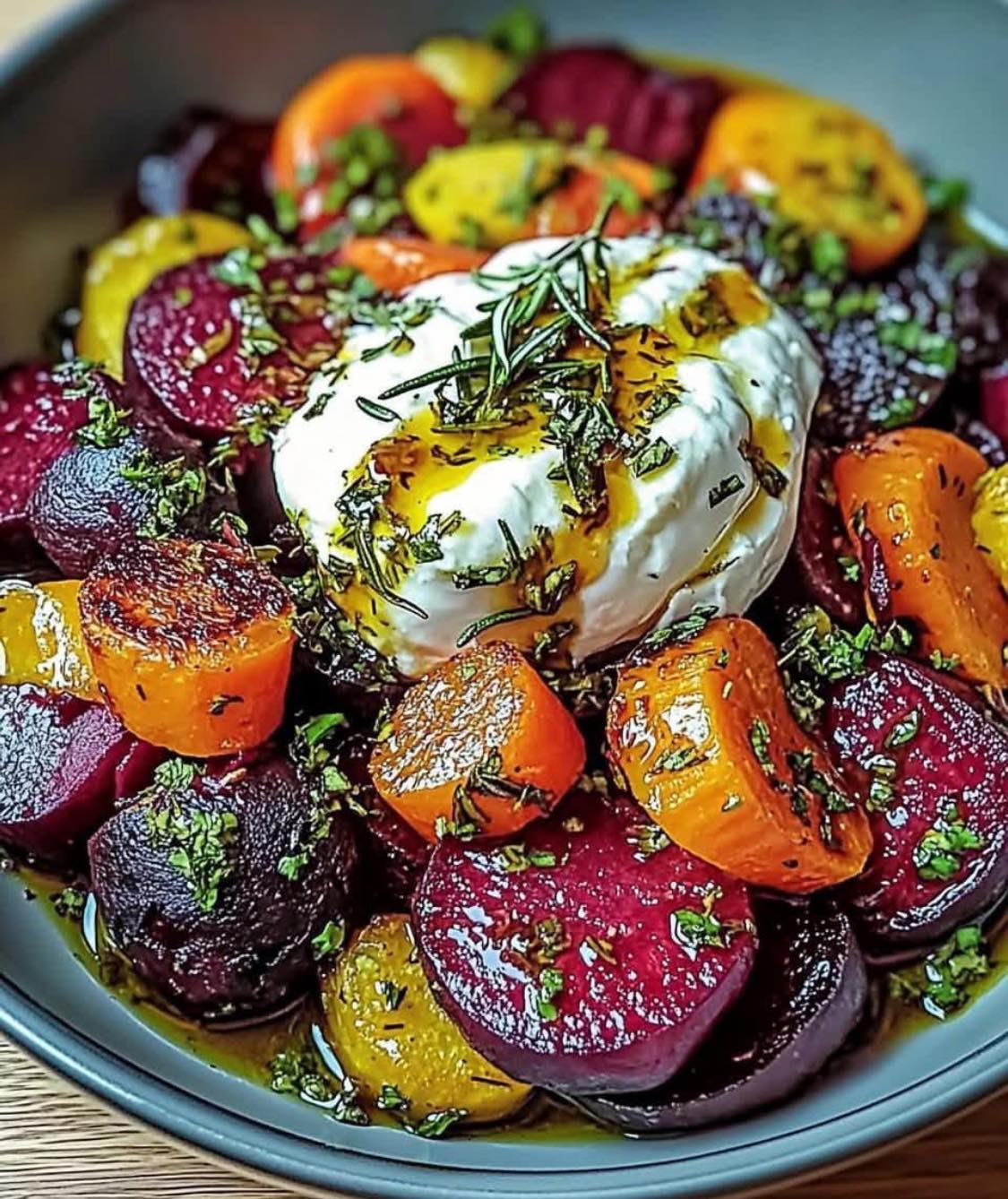 Roasted beet and carrot with creamy burrata salad