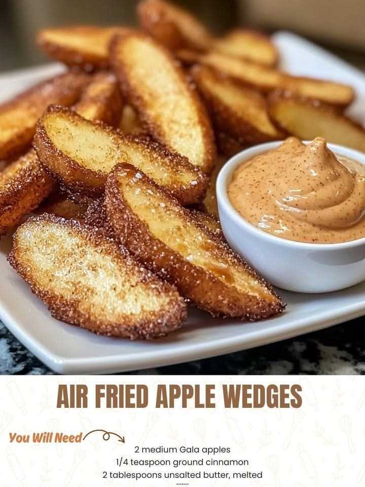 Air Fried Apple Wedges with Caramel Whipped Cream Dipping Sauce  Ingredients:  2 medium Gala apples 1/4 teaspoon ground cinnamon 2 tablespoons unsalted butter, melted 3 tablespoons sugar for coating 1/2 teaspoon ground cinnamon for coating 4 oz whipped cream 1/4 cup caramel sauce  Directions: