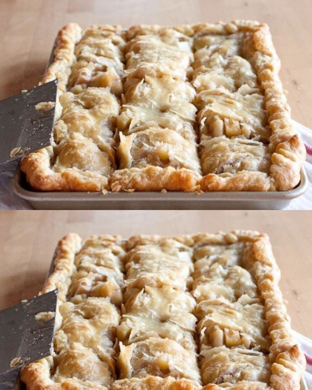Apple slab pie is a fantastic dessert for a party! It’s essentially a large apple pie baked in a flat pan and cut into squares for serving. What could be better?  Ingredients: For the Base: 3 and 3/4 cups all-purpose flour (470 grams) 1 1/2 tablespoons sugar 1 1/2 teaspoons table salt 3 sticks unsalted butter (each stick 12 oz or 340 grams), cut into small pieces and kept very cold 3/4 cup very cold water For the Apple Mixture: 3 1/2 to 4 pounds apples, peeled, cored, and chopped into 1/2-inch pieces (about 10 cups) Squeeze of lemon juice 2/3 to 3/4 cup sugar (adjust based on the sweetness of your apples) 3 tablespoons cornstarch 1 teaspoon ground cinnamon 1/4 teaspoon ground nutmeg 1/4 teaspoon ground allspice 1/8 teaspoon table salt To Finish: 2 tablespoons heavy cream OR 1 beaten egg mixed with 1 tablespoon of water Instructions: Please Head On keep on Reading (>) for the instructions: