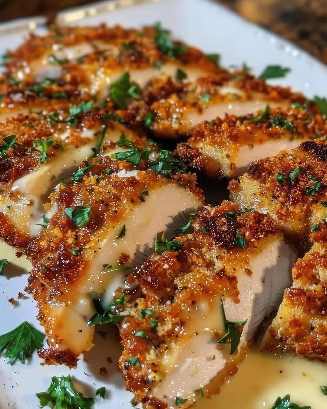“Crispy, golden chicken coated with a flavorful garlic and Parmesan crust. Perfect for an easy yet impressive dinner!”  Ingredients 4 boneless, skinless chicken breasts (pounded to an even thickness) 1/2 cup grated Parmesan cheese 1/2 cup breadcrumbs (Panko for extra crispiness) 1 teaspoon garlic powder 1 teaspoon Italian seasoning 1/2 teaspoon smoked paprika (optional) 1/2 teaspoon salt 1/4 teaspoon black pepper 1/4 cup all-purpose flour 2 large eggs, beaten 2 tablespoons olive oil (for frying) Chopped parsley, for garnish  Instructions Please continue to the next page (>