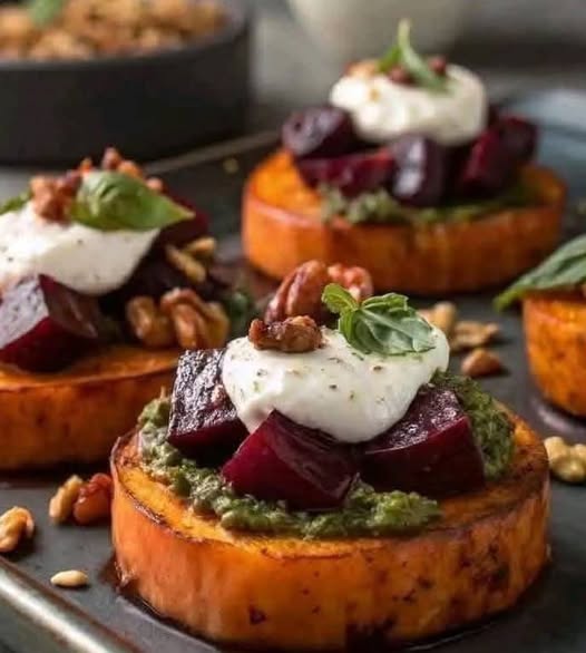 Sweet potato rounds with burrata roasted beets and walnut sage pesto