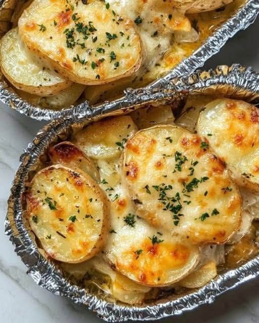 Herb-Infused Potatoes Au Gratin Foil Packets with Leeks