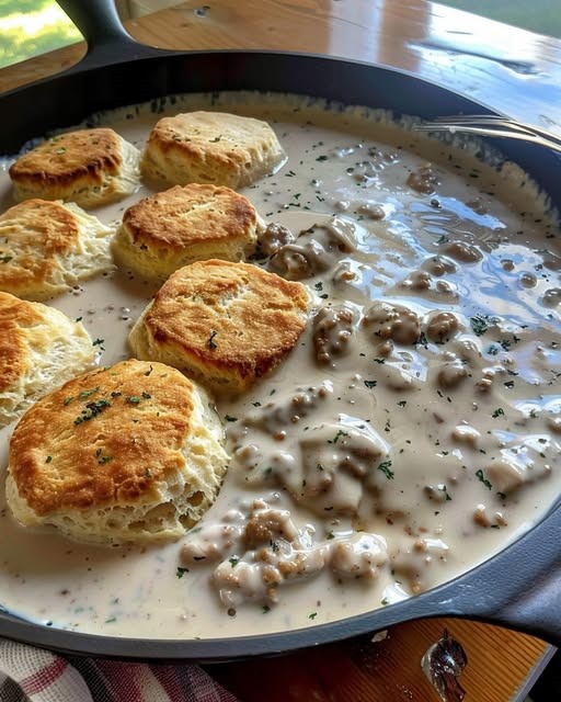Savory Sausage Gravy Over Fluffy Biscuits