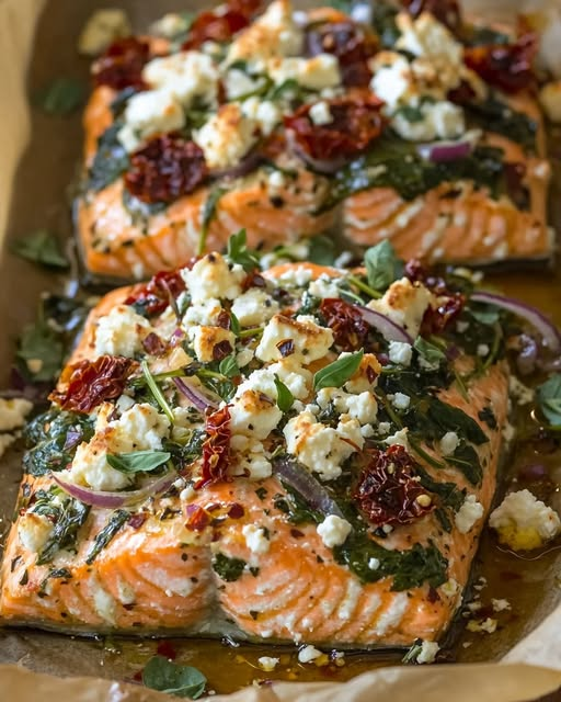 Mediterranean Baked Salmon with Feta & Sun-Dried Tomatoes: A Flavor-Packed Dinner Favorite